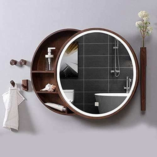 Badezimmerspiegelschrank mit LED-Beleuchtung/LED-Licht, beschlagfreier Badezimmerspiegel aus massivem Holz/runder Kosmetikspiegel zur Wandmontage, Walnussfarbe, 70 (27,5 Zoll) von XUEYEDI