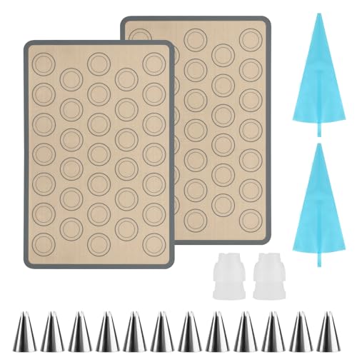 2 Stk Macarons Backmatte Silikon Backmatte für Macarons, Anti-Rutsch Silikonmatte für Makronen Kuchen Brot Pizza Kekse Backunterlagen, 42x29 cm, 12 x Spritztüllen, 2 x Spritzbeutel, 2 x Verbinder 2 Stk Macarons Backmatte Silikon Backmatte für Macarons, Anti-Rutsch Silikonmatte für Makronen Kuchen Brot Pizza Kekse Backunterlagen, 42x29 cm, 12 x Spritztüllen, 2 x Spritzbeutel, 2 x Verbinder von XUIIOSOOKP