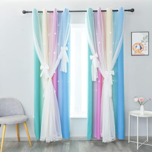 XUJIAM Sternen Regenbogen Gardinen Kinderzimmer Blickdicht Verdunkelungs Vorhänge Doppelschicht Vorhang 2er Set für Mädchen Modern Schlafzimmer Wohnzimmer,Color,H160×B130cm XUJIAM Sternen Regenbogen Gardinen Kinderzimmer Blickdicht Verdunkelungs Vorhänge Doppelschicht Vorhang 2er Set für Mädchen Modern Schlafzimmer Wohnzimmer,Color,H160×B130cm von XUJIAM