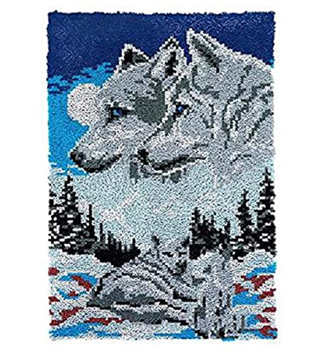 XUJINGJIE Knüpfteppich Zum Selber Knüpfen DIY Wolf Knüpfkissen Teppich Groß Knüpfen Set Tapisserie Kreuzstich Set mit Vorgedruckt Muster für Erwachsene, 85X63cm von XUJINGJIE