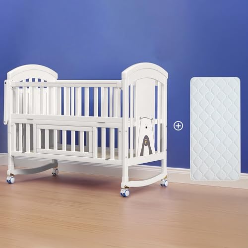 XULOEGYUNE Babybett aus Holz für Neugeborene mit Wickeltisch und Matratze, umwandelbares Kinderbett (Kinderbett + Matratze) von XULOEGYUNE