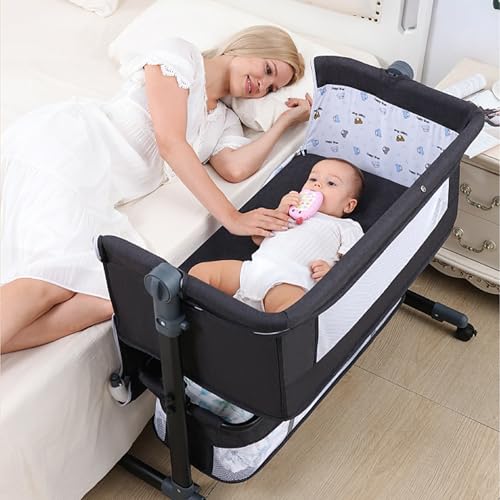XULOEGYUNE Krippe, 3-in-1 umwandelbarer Stubenwagen, Seitenschläfer, Wiege und Nachttisch, höhenverstellbar für Neugeborene von XULOEGYUNE