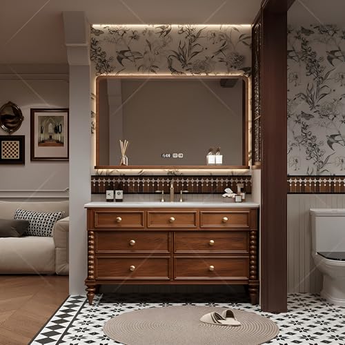 XULOEGYUNE Modernes All-in-One-Badezimmer-Waschtisch, Einzelwaschbecken mit intelligentem Defog-Spiegel-Set und Aufbewahrung, Massivholzrahmen (Spiegel-Stil, 150 cm) von XULOEGYUNE
