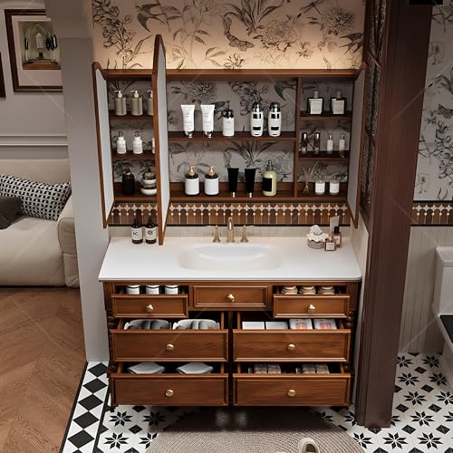 XULOEGYUNE Modernes All-in-One-Badezimmer-Waschtisch, bodenmontiertes Einzelwaschbecken mit intelligentem Defog-Spiegel-Set und Aufbewahrung, Massivholzrahmen (Spiegelschrank, 100 cm) von XULOEGYUNE