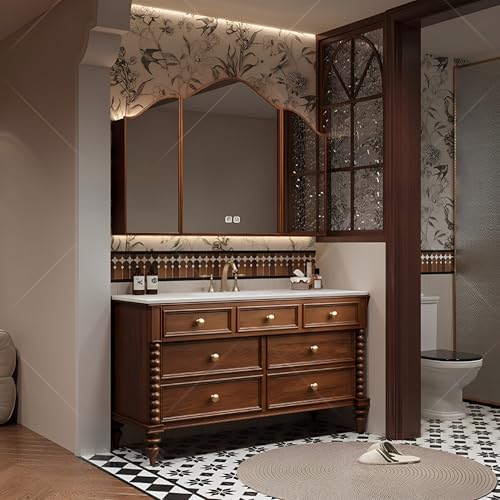 XULOEGYUNE Modernes All-in-One-Badezimmer-Waschtisch, bodenmontiertes Einzelwaschbecken mit intelligentem Defog-Spiegel-Set und Aufbewahrung, Massivholzrahmen (Spiegelschrank, 120 cm) von XULOEGYUNE