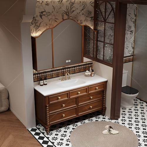 XULOEGYUNE Modernes All-in-One-Badezimmer-Waschtisch, bodenmontiertes Einzelwaschbecken mit intelligentem Defog-Spiegel-Set und Aufbewahrung, Massivholzrahmen (Spiegelschrank, 150 cm) von XULOEGYUNE