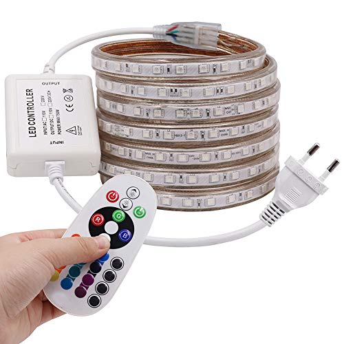 XUNATA 10M LED RGB Strip,AC 220V 230V IP65 Wasserdicht Mehrfarbig Ersetzen SMD 5050 60leds/m LED Lichtband mit 24 Tasten IR-Fernbedienung für Bar Decke Counter Cabinet Weihnachten Party Deko (10M) von XUNATA