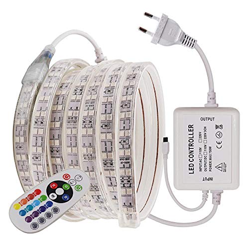 XUNATA 10M LED Streifen Strip,220V 230V IP65 Wasserdicht RGB SMD 5050 120leds/m Super Bright Lichtband mit 24 Tasten IR-Fernbedienung für Bar Decke Counter Cabinet Weihnachten Party Deko (10M) von XUNATA