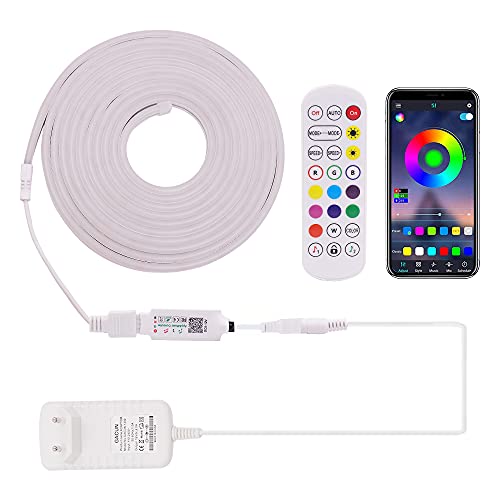 XUNATA 12V RGB Dimmbar Bluetooth Neon LED Streifen, Musik Sync, App-steuerung, Wasserdicht Flexibel Silikon Flexibel Neon Lichtschlauch für Innen Aussenbereich Heim Küche DIY Deko (0.5M) von XUNATA