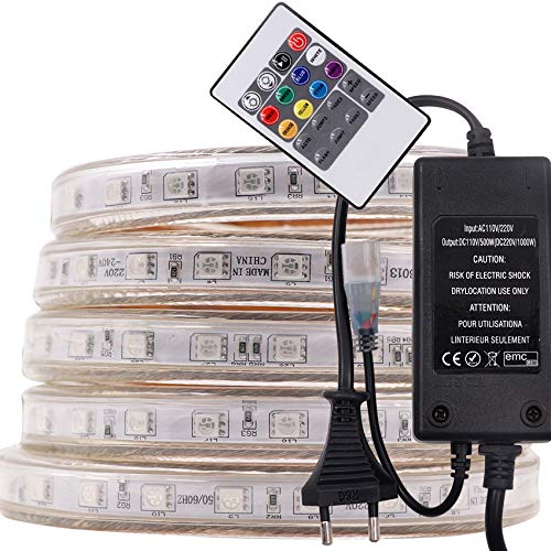 XUNATA 4M 220V RGB 5050 SMD 60leds / m IP67 Wasserdicht,Kein Selbstklebender,Flexibles LED Lichtschlauch mit 20 Key Fernbedienung für Küche Stairway Home Weihnachten Party Deko (4M) von XUNATA