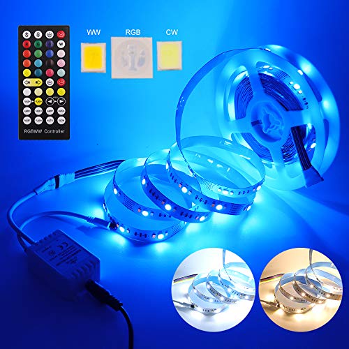 XUNATA 5m RGB+CCT 5in1 5050 2835 LED Lichtband, WW und CW in einer LED, Flexibles Selbstklebend Dimmable LED Strip mit 40 Tasten Fernbedienung + EU Plug DC 12V Netzteil (Wasserdicht IP65) von XUNATA