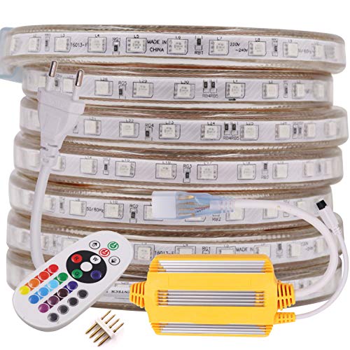 XUNATA 7M LED RGB Strip,AC 220V 230V SMD 5050 60leds/m IP65 Wasserdicht, Kein Selbstklebender, Flexibles LED Lichtband mit 24 Tasten IR-Fernbedienung Wasserdicht Controller von XUNATA