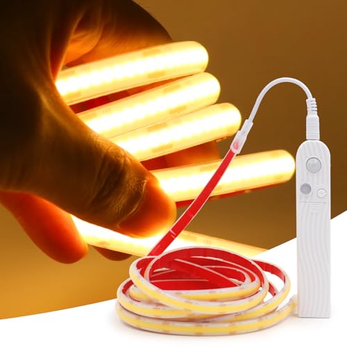 XUNATA COB LED Streifen mit Bewegungsmelder, 5V 320Leds/m Superhell Hohe Dichte, Wasserdicht IP68 Flex Strip Selbstklebend Lichtband für Treppen Kinderzimmer Schrankdeko (Warmweiß, 2M) von XUNATA