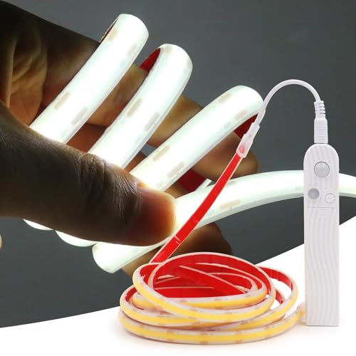 XUNATA COB LED Streifen mit Bewegungsmelder, 5V 320Leds/m Superhell Hohe Dichte, Wasserdicht IP68 Flex Strip Selbstklebend Lichtband für Treppen Kinderzimmer Schrankdeko (Weiß, 1M) von XUNATA