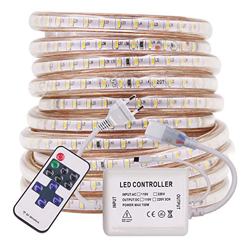XUNATA Dimmbar LED Streifen mit 11 Tasten Fernbedienung, 220V 230V 3014 120leds/m IP65 Wasserdicht Flexibles LED Lichtband Seil Lichter (Warmweiß, 13M) von XUNATA