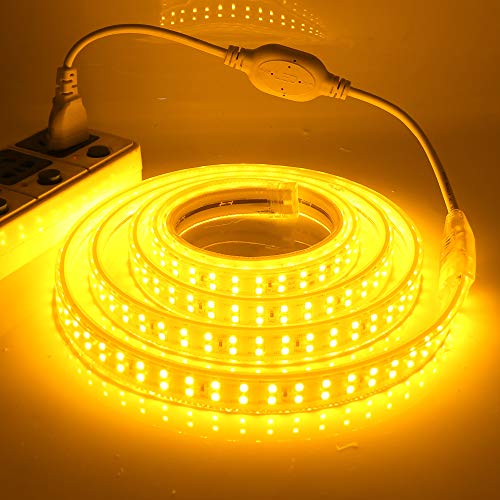 XUNATA Doppelreihe Gelb LED Strip Streifen, 220V 2835 SMD 180leds/m IP65 Wasserdicht, Flexibel LED Lichtband Seil Licht Schlauch für Hausbeleuchtung Dekor Bar (Gelb, 14M) von XUNATA