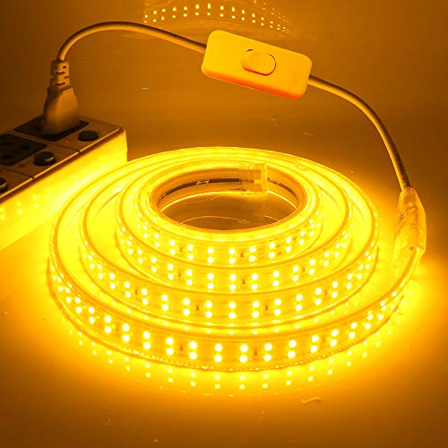 XUNATA Doppelreihe Gelb LED Strip mit Schalter, 220V 2835 SMD 180leds/m IP65 Wasserdicht, Flexibel LED Lichtband Seil Licht für Hausbeleuchtung Dekor Bar (Gelb, 4M) von XUNATA