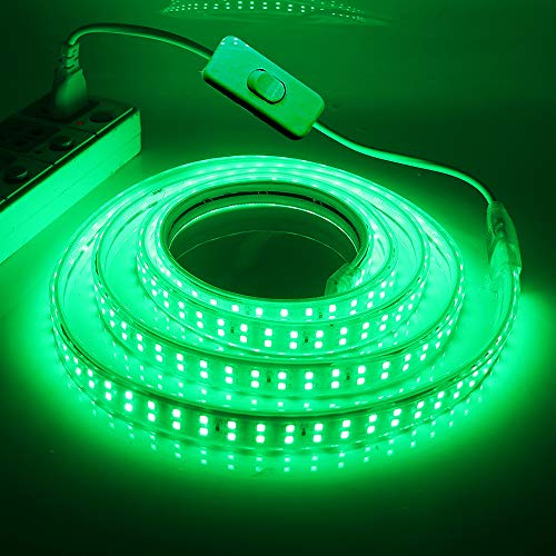 XUNATA Doppelreihe Grün LED Strip mit Schalter, 220V 2835 SMD 180leds/m IP65 Wasserdicht, Flexibel LED Lichtband Seil Licht für Hausbeleuchtung Dekor Bar (Grün, 10M) von XUNATA