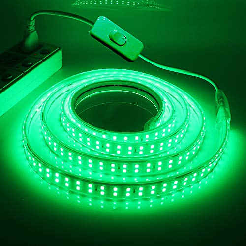 XUNATA Doppelreihe Grün LED Strip mit Schalter, 220V 2835 SMD 180leds/m IP65 Wasserdicht, Flexibel LED Lichtband Seil Licht für Hausbeleuchtung Dekor Bar (Grün, 5M) von XUNATA