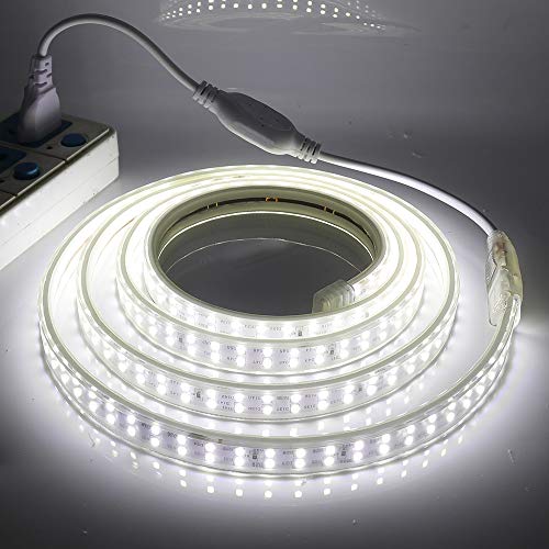 XUNATA Doppelreihe Weiß LED Strip Streifen, 220V 2835 SMD 180leds/m IP65 Wasserdicht, Flexibel LED Lichtband Seil Licht Schlauch für Hausbeleuchtung Dekor Bar (Weiß, 10M) von XUNATA