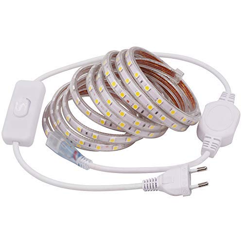 XUNATA LED Streifen mit Schalter,220V-240V SMD 5050 60leds/m IP65 Wasserdicht,Kein Selbstklebender,Flexibel LED Lichtband für Küche Stairway Weihnachten Party Deko (Blau, 16M) von XUNATA