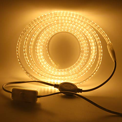 XUNATA LED Strip Streifen mit Schalter, 220V 2835 SMD 120leds/m IP65 Wasserdicht, Kein Bleidraht, Flexibel LED Lichtband Seil Licht Schlauch für Hausbeleuchtung Dekor Bar (Warmweiß, 10M) von XUNATA