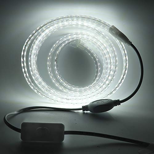 XUNATA LED Strip Streifen mit Schalter, 220V 2835 SMD 120leds/m IP65 Wasserdicht, Kein Bleidraht, Flexibel LED Lichtband Seil Licht Schlauch für Hausbeleuchtung Dekor Bar (Weiß, 2M) von XUNATA