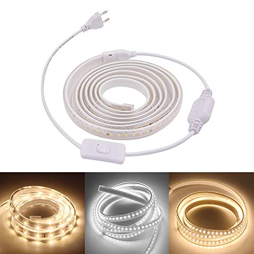 XUNATA LED Strip Streifen mit Schalter, AC 220V 2835 120leds/m IP65 Wasserdicht,Flexibel Warmweiß LED Lichtband Seil Lichter für Küche Stairway Home Party Deko (Warmweiß (120Led/m), 2M) von XUNATA