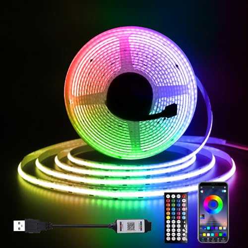 XUNATA RGB USB COB LED Streifen, 5V 576LEDs/M COB LED Strip Superhell Hohe Dichte Flex LED Lichtband, Smart App Control, Musiksync, für Innen Aussenbereich Hausbeleuchtung Party DIY Deko (2M) von XUNATA