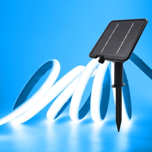 XUNATA Solar Neon LED Strip, Solarbetriebene COB Neon LED Streifen Außen, 8 Modi, IP65 Wasserdicht, 320leds/m Diffusion Flex LED Schlauch Band für Garten, Terrasse, Balkon, Treppe (Eisblau, 5M) von XUNATA