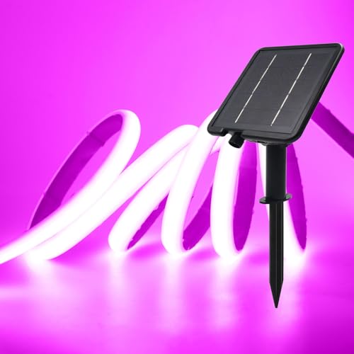 XUNATA Solar Neon LED Strip, Solarbetriebene COB Neon LED Streifen Außen, 8 Modi, IP65 Wasserdicht, 320leds/m Diffusion Flex LED Schlauch Band für Garten, Terrasse, Balkon, Treppe (Violett, 5M) von XUNATA