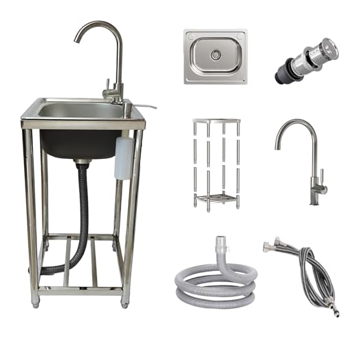 Außenspüle Mobile，Freistehende Küchenspüle ， Handwaschbecken, Einzelbecken Becken mit Wasserhahn, Kalt- und Warmwasserrohre für Werkstatt Bauernhaus Gastronomie Garten von XUNFAKE