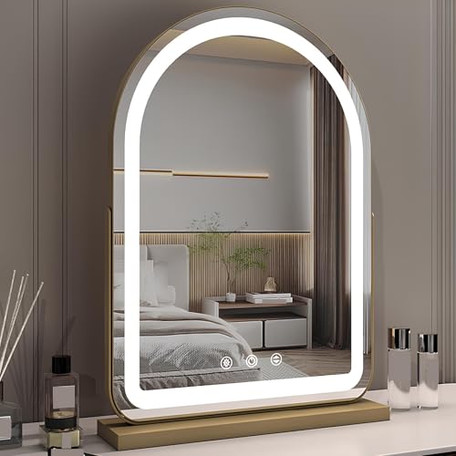 Gewölbter Schminkspiegel Mit Beleuchtung, Großer Kosmetikspiegel Mit LED-Beleuchtung, Drei Farbmodi, Smart-Touch-Steuerung, 360°-Drehung, Tischspiegel Für Schlafzimmer(Gold,32*44cm/12.5*17.3in) von XUQQU