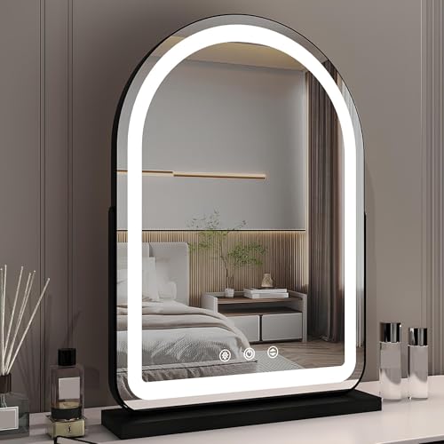 Gewölbter Schminkspiegel Mit Beleuchtung, Großer Kosmetikspiegel Mit LED-Beleuchtung, Drei Farbmodi, Smart-Touch-Steuerung, 360°-Drehung, Tischspiegel Für Schlafzimmer(Schwarz,32*44cm/12.5*17.3in) von XUQQU