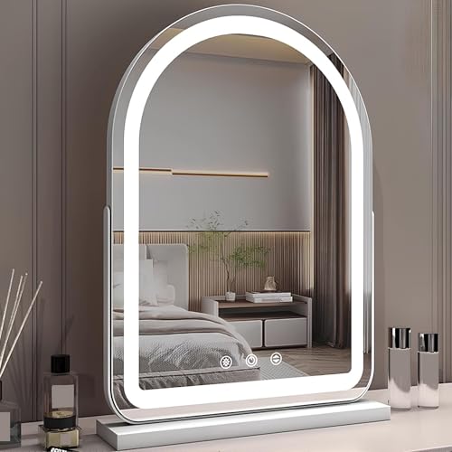 Gewölbter Schminkspiegel Mit Beleuchtung, Großer Kosmetikspiegel Mit LED-Beleuchtung, Drei Farbmodi, Smart-Touch-Steuerung, 360°-Drehung, Tischspiegel Für Schlafzimmer(Weiß,32*44cm/12.5*17.3in) von XUQQU