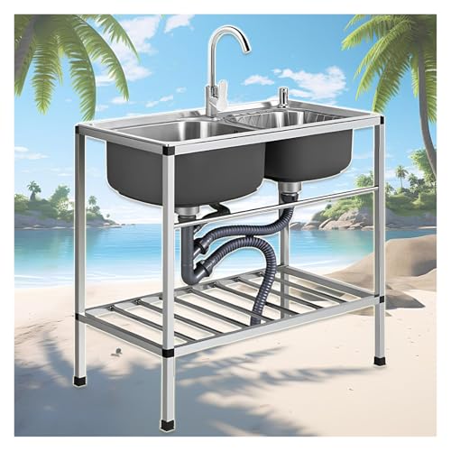 Spültisch Mit Ablagefläche, Freistehend, Wasserhahn Mit Gartenschlauch-Anschluss, Spülbecken Ca. 75cm X 45cm X 75 Cm(75 * 40cm/29.5 * 15.7in) von XUQQU