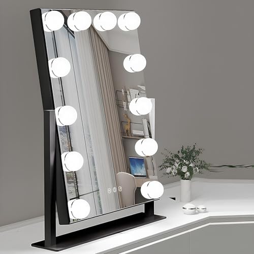 XUQQU Rechteckiger Kosmetikspiegel Mit Beleuchtung, LED-Schminkspiegel Mit Dimmbaren Glühbirnen, Hollywood-Tischspiegel 3-farbige Beleuchtung, 360° Drehbar(Schwarz,36.5 * 47.5cm/14.3 * 18.7in) von XUQQU