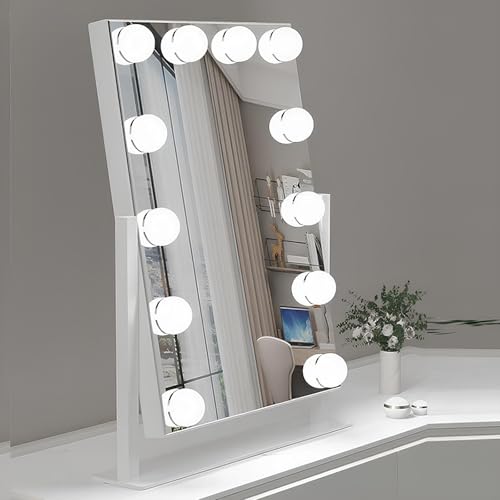 XUQQU Rechteckiger Kosmetikspiegel Mit Beleuchtung, LED-Schminkspiegel Mit Dimmbaren Glühbirnen, Hollywood-Tischspiegel 3-farbige Beleuchtung, 360° Drehbar(Weiß,36.5 * 47.5cm/14.3 * 18.7in) von XUQQU