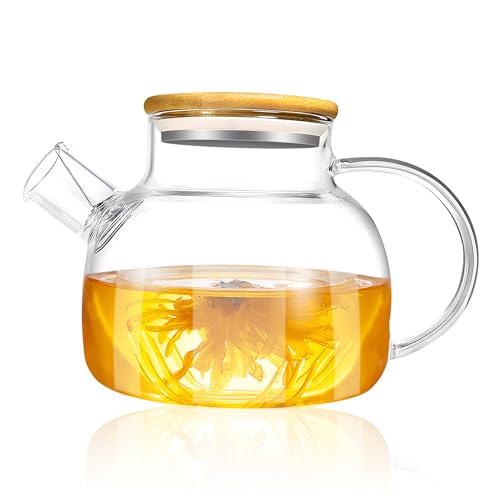 XURISEN Teekanne mit Siebeinsatz, 800ML Teekanne Glas mit Abnehmbarer Filter, Holzdeckel Hitzebeständige Hochborosilikat-Teekanne Sieb ideal für Tee, Blumentee und Saft von XURISEN