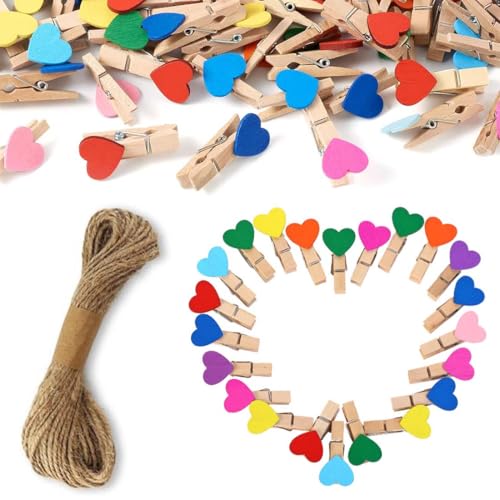 XURJUMI 50 Stück Mini Bunte Hölzerne Wäscheklammern, Herzform Pegs, Foto Büroklammern mit 10 Meter Juteschnur für DIY Dekorationen (Bunte Herzen) von XURJUMI