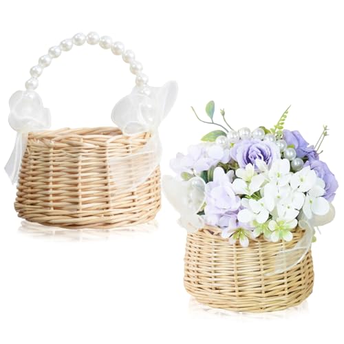 2er-Pack kleine Weidenkörbe, Blumenmädchenkörbe mit Perlengriffen und Schleifen, Hochzeitsblumenkörbe für Blumenmädchen, Handkörbe für Hochzeiten, Partydekoration 2er-Pack kleine Weidenkörbe, Blumenmädchenkörbe mit Perlengriffen und Schleifen, Hochzeitsblumenkörbe für Blumenmädchen, Handkörbe für Hochzeiten, Partydekoration von XURUIAU