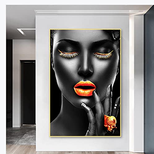XUSANSHI DIY Diamond Painting Set Goldene Lippen der schwarzen Frau 5D Full DIY Crystal Strass Stickerei Painting Diamant Arts Craft für Home Wand-Decor 16x20 Zoll Rahmenlos von XUSANSHI