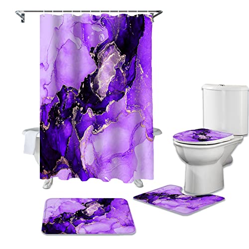 XUSANSHI Duschvorhang-Set,Marmor Textur Lila mit rutschfesten Teppichen, WC-Deckelbezug und Badvorleger, Badezimmer-Dekor-Set von XUSANSHI