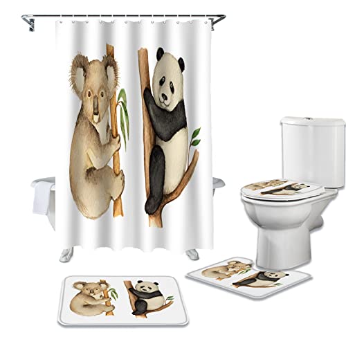 XUSANSHI Duschvorhang und Badvorleger Set Tierischer Koala-Panda Badvorleger Set mit Contour WC-Vorleger Matte und WC-Deckelbezug von XUSANSHI