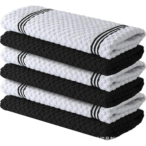 XUTCEKOUYR 6er-Pack Premium-Geschirrtücher, 100% Baumwolle, ultraweiche und saugstarke Frottee-Geschirrtücher for die Küche, Bar und die tägliche Haushaltsreinigung(Black+White,15x25in) von XUTCEKOUYR