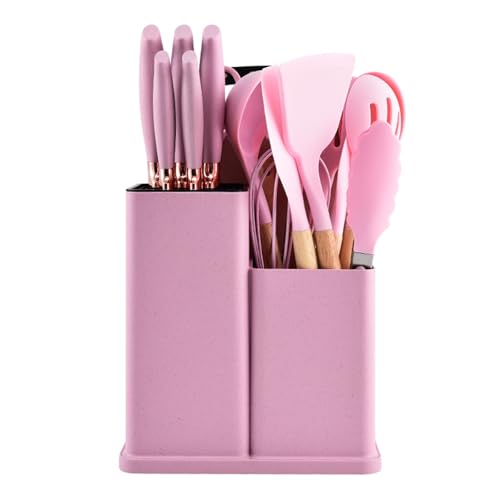 XUVLQCLJLV Kochutensilien Set Silikon Spülmaschinenfest Bpa Frei Kochgeschirr 19 Küchenhelfer Set Mit Holzgriff Beinhaltet: 9-teiliges Utensilienset Und 5-teiliges Kochmesser Aus Edelstahl, Pink von XUVLQCLJLV