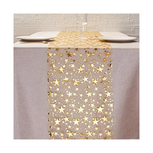 Tischläufer Gaze 2 stücke Stern Glitter Metallic Tisch Läufer Tücher Dünne Mesh Tabletop Rolle for Home Party Abendessen(Gold,28cmx275cm) von XUWEWI