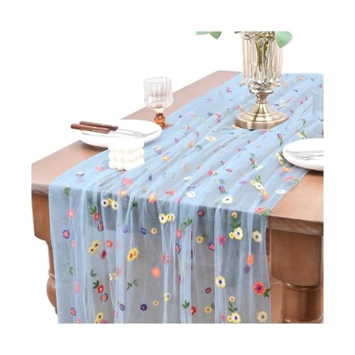 Tischläufer Gaze 2 stücke Stickerei Frühling Sommer Tisch Läufer Blumen Saisonale Ostern Tüll Urlaub Küche Esszimmer Dekoration(Color 3,75X300cm) von XUWEWI