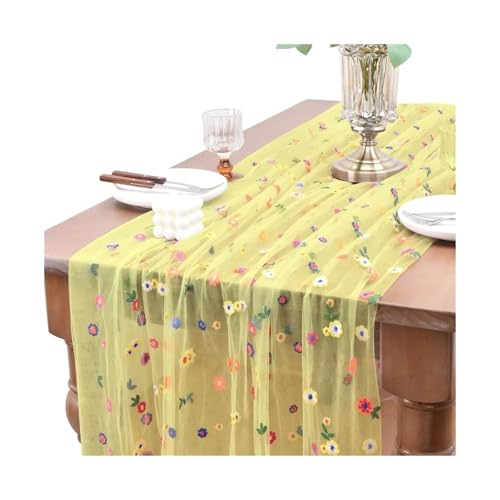 Tischläufer Gaze 2 stücke Stickerei Frühling Sommer Tisch Läufer Blumen Saisonale Ostern Tüll Urlaub Küche Esszimmer Dekoration(Color 5,75X200cm) von XUWEWI