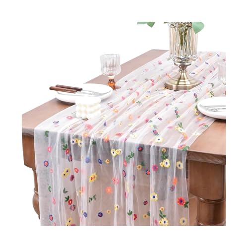 Tischläufer Gaze 2 stücke Stickerei Frühling Sommer Tisch Läufer Blumen Saisonale Ostern Tüll Urlaub Küche Esszimmer Dekoration(Color 6,75X200cm) von XUWEWI